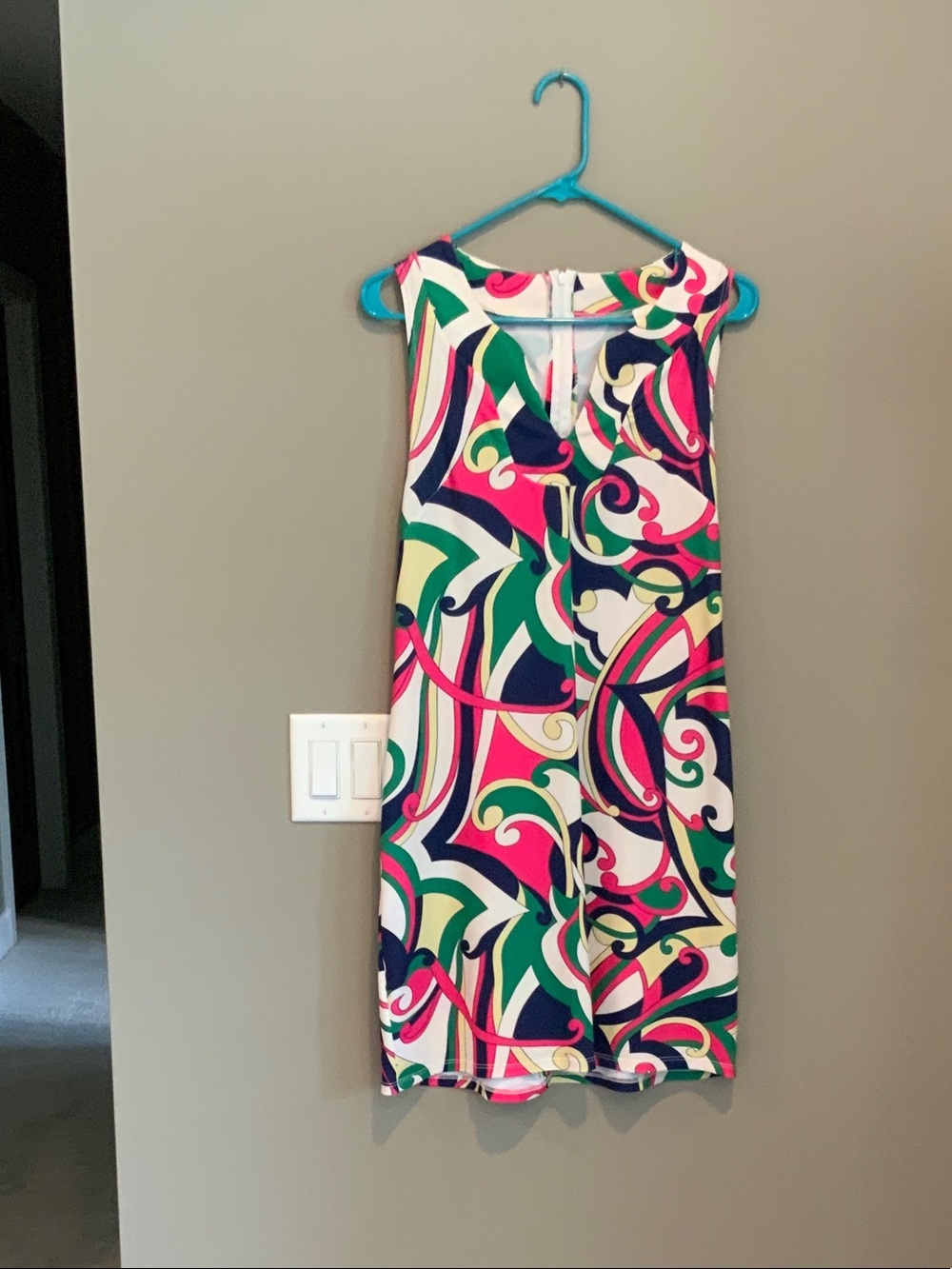 Sleeveless Mini Dress in Green, Pink & Navy Swirl Print